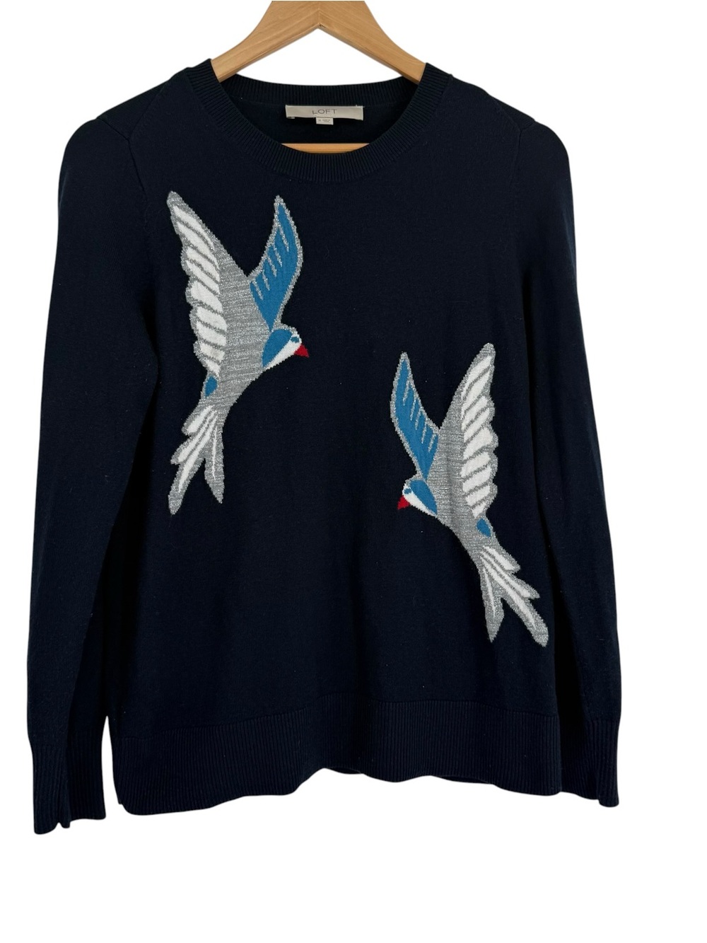 LOFT Women's Pullover Sweater Long Sleeve Shimmer Bird Blue Size M Crew Neck